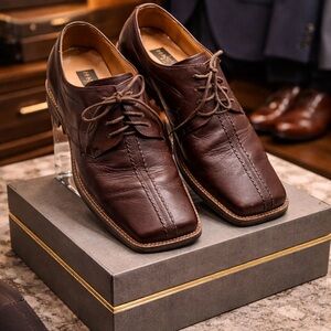 ZENGARA Men’s Brown Leather Dress Shoes Size 9M Lace-Up Square Toe